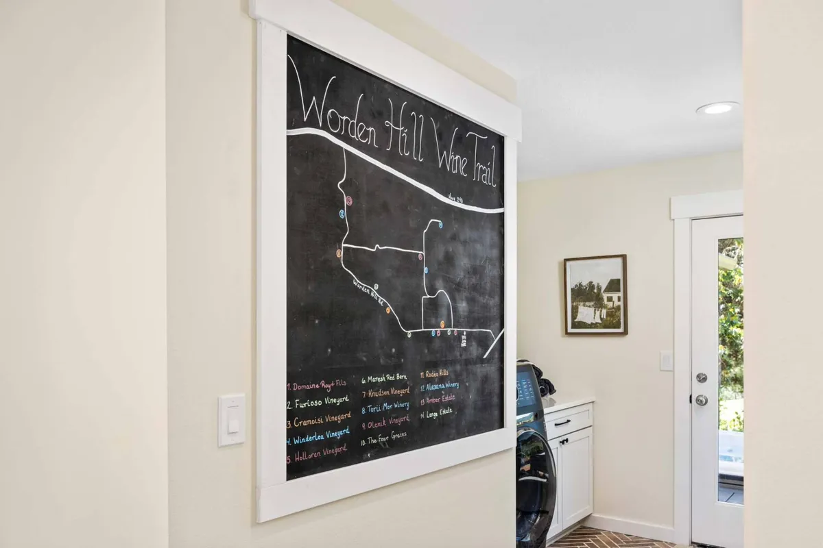 This image features a chalkboard map on the wall, a laundry area, and an entry door. The presence of the map suggests planning local adventures, while the entry area hints at easy transitions between indoor comfort and outdoor exploration.